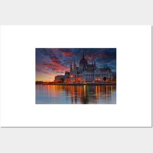 Sunset over Hungarian Parliament Building Budapest Posters and Art